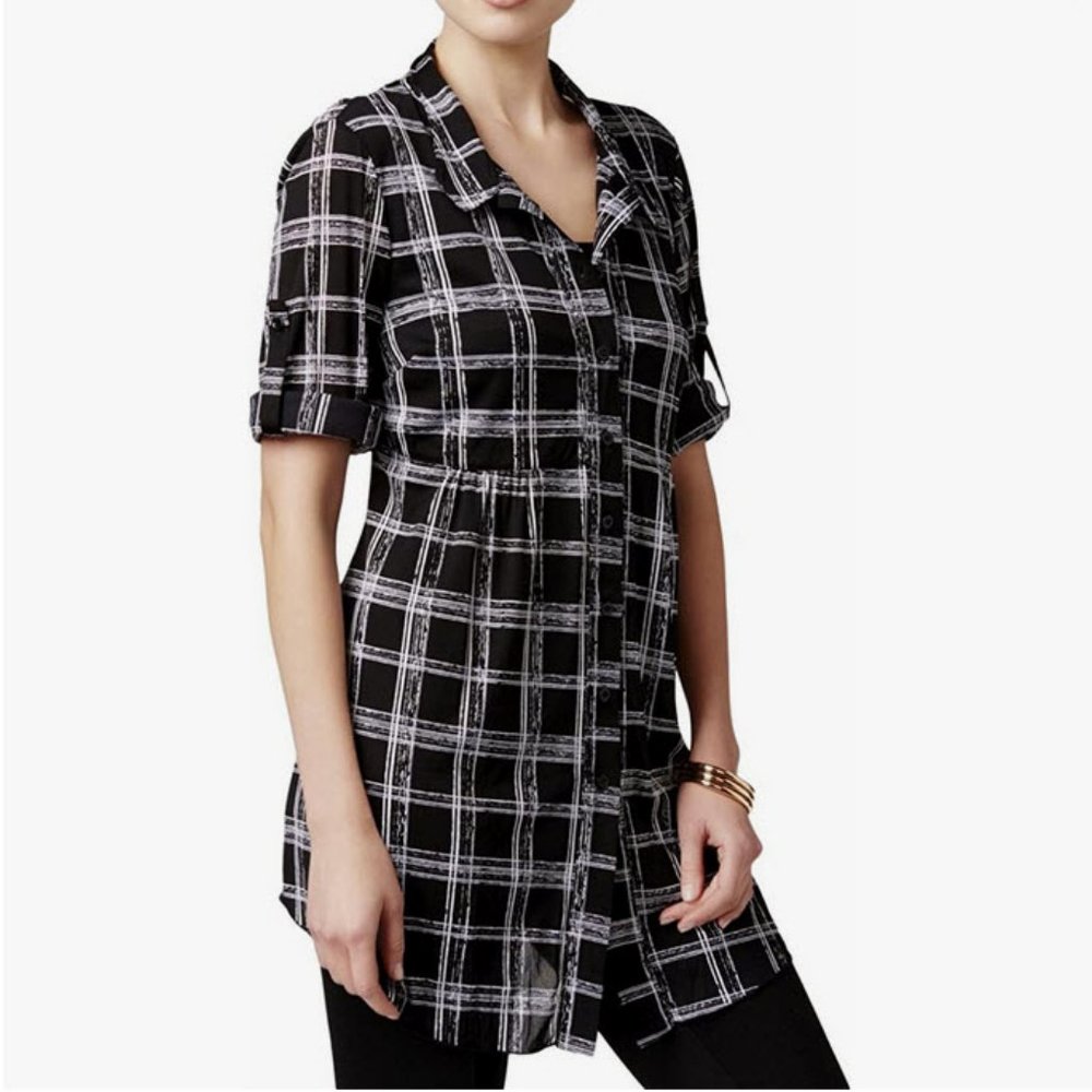 NWT Style & Co Black and White plaid button down tunic length shirt - size S